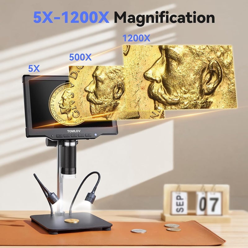 TOMLOV DM10 10.1" Digital Microscope: 1080P 1200X HD IPS Coin Microscope Magnifier for Error Coins with Light, 16MP LCD Soldering Microscopes for Adults with Screen, PC View, 32GB - Image 3